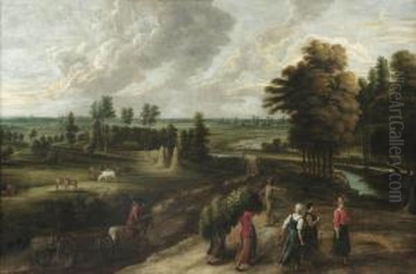 An Extensive Landscape With Harvesters Carrying Their Produce Alonga Track In The Foreground, A Herdsman Driving A Flock Of Sheep Intothe Distance Oil Painting by Lucas Van Uden