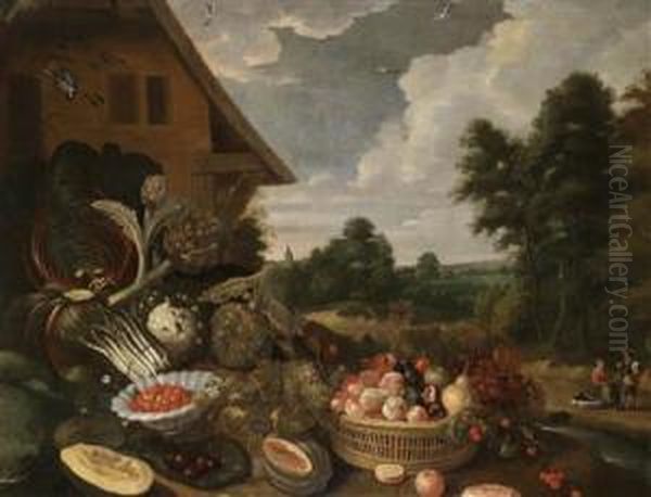 A Still Life Of Fruit And Vegetables Against A Landscape Backdrop Oil Painting by Adriaen van Utrecht