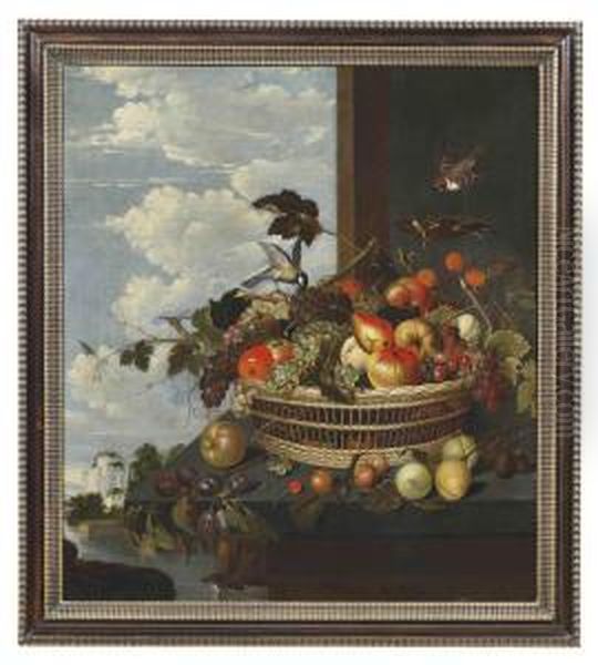 A Wicker Basket With Grapes, Apples, Pears And Plums On A Ledge With A Sparrow And A Coal Tit, A View To A Classical Garden Beyond Oil Painting by Adriaen van Utrecht