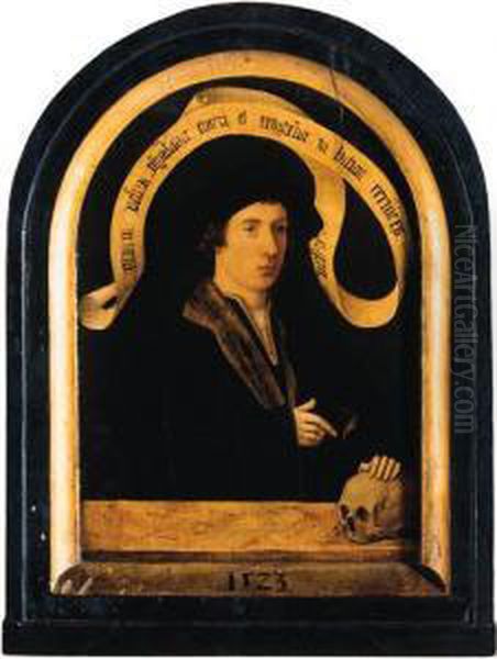 Portrait Of A Gentleman, Standing Small Half Length, Wearing Ablack Fur-lined Jacket With Lace Chemise, His Left Hand Resting Ona Skull On A Marble Ledge Oil Painting by Jacob Claessens Van Utrecht