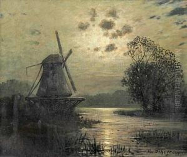 Windmill In A Meadow Oil Painting by Moyses or Moses Matheusz. van Uyttenbroeck