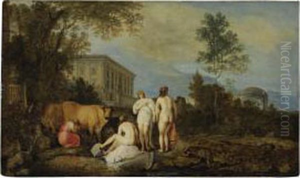 Bathers And A Milkmaid By A Palace In An Italian Landscape Oil Painting by Moyses or Moses Matheusz. van Uyttenbroeck