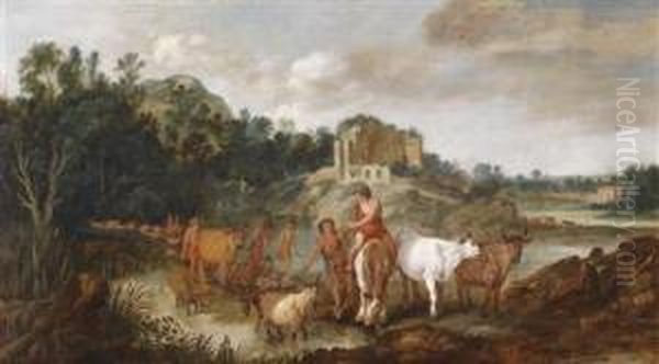 Landscape With Shepherds By A River With Ruins Oil Painting by Moyses or Moses Matheusz. van Uyttenbroeck