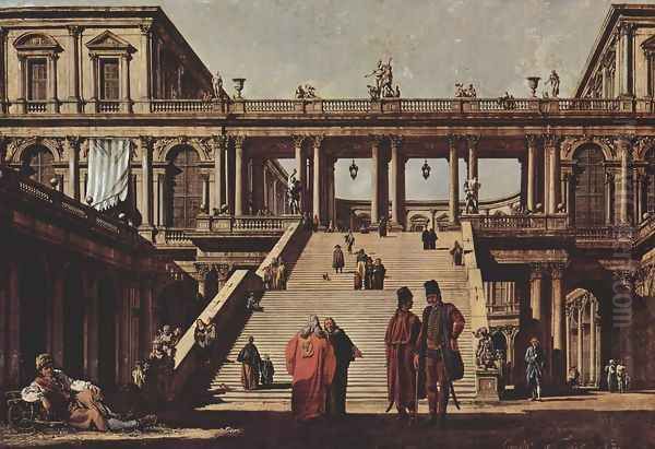 Capriccio, palace staircase Oil Painting by Bernardo Bellotto