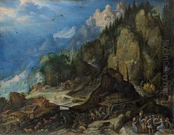 Gebirgslandschaft Mitzwei Wassermuhlen Oil Painting by Frederik van Valkenborch