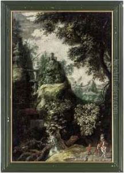 Figures In A Mountainous, Wooded Landscape With A Waterfall Oil Painting by Frederik van Valkenborch