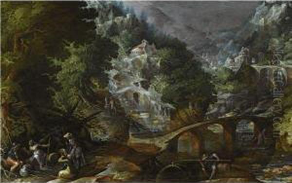 A Mountainous Forest Landscape With Several Bridges Crossing Ariver, With Figures Resting In The Foreground Oil Painting by Frederik van Valkenborch