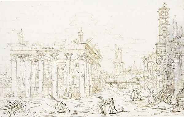 Roman Forum, with the Temple of Antoninus and Faustina Oil Painting by Bernardo Bellotto