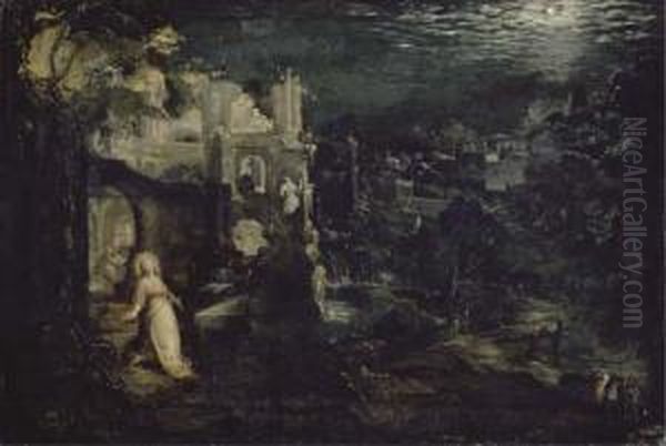 A Moonlit Landscape With Classical Ruins And The Penitentmagdalen Oil Painting by Gillis van Valckenborch