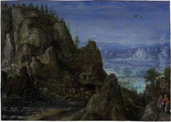 An Extensive Rocky Landscape With Travellers Oil Painting by Lucas van Valckenborch