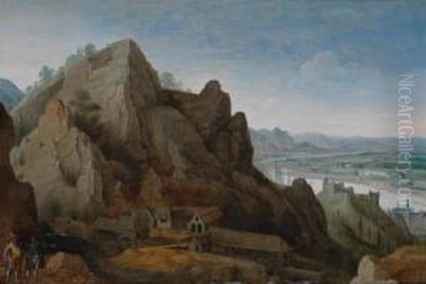 Valckenborch Zugeschrieben Gebirgslandschaft Mit Personen Voreiner Eisengiesserei Oil Painting by Lucas van Valckenborch