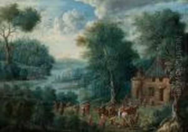 Fluslandschaft Mit Bauernhaus, Reitern Und Personenstaffage Oil Painting by Lucas van Valckenborch