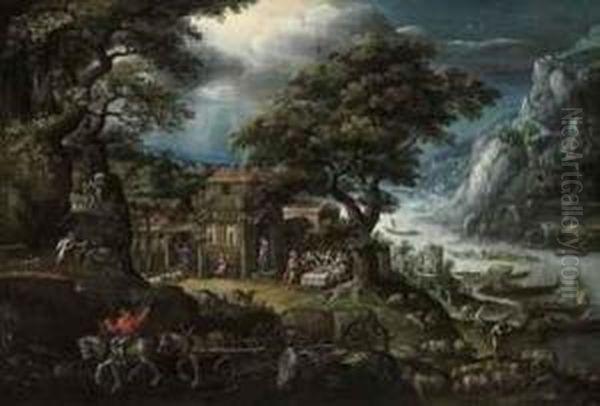 An Extensive, Mountainous, River Landscape, With Abraham And Theangels Oil Painting by Frans I Francken