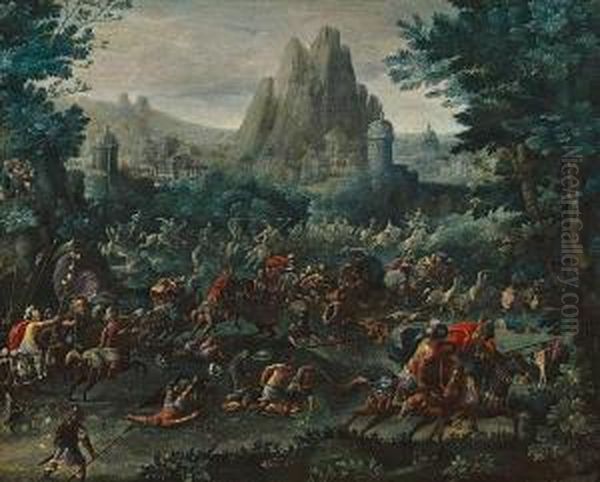 Battle Scene With A Mountainous Landscapebeyond Oil Painting by Frans I Francken