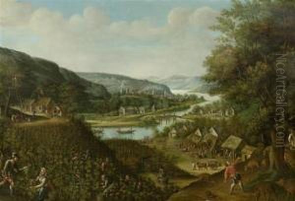 River Landscape With Grape Harvest Oil Painting by Frans I Francken