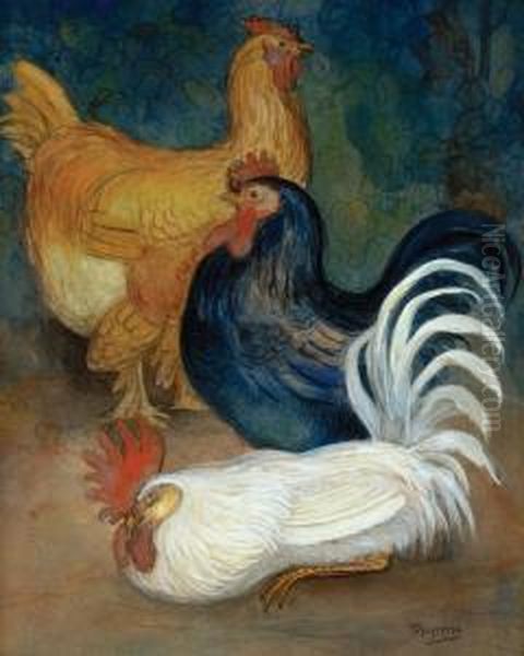 Two Hens And A Rooster Oil Painting by Theodorus Van Hoytema