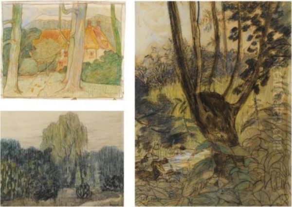 Zie De Maan Schijnt; Landscape With Trees And Ducks Near A Stream, Three Works On Paper Oil Painting by Theodorus Van Hoytema