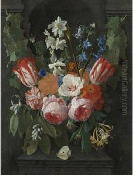 Still Life Of A Swag Of Flowers In Front Of A Stone Niche Oil Painting by Nicolas Van Veerendael