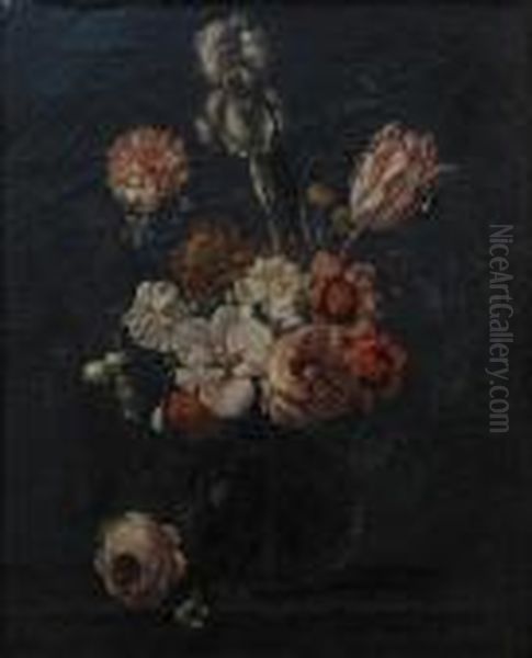 A Bouquet Of Flowers In A Crystal Vase Oil Painting by Nicolas Van Veerendael