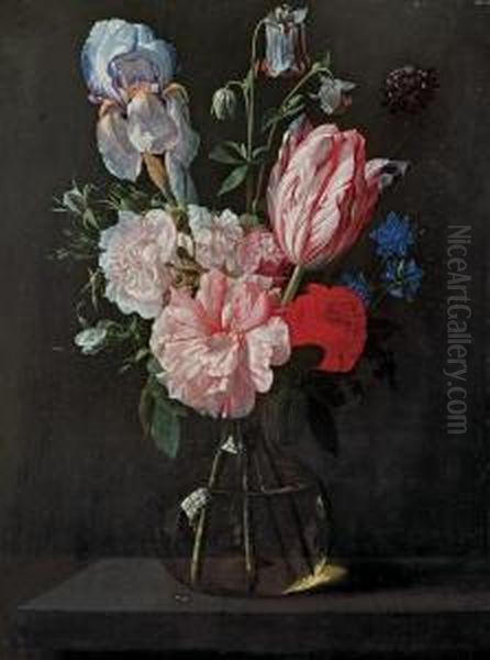 A Tulip, Roses, Iris And Other Flowers In A Glass Vase On Aledge Oil Painting by Nicolas Van Veerendael