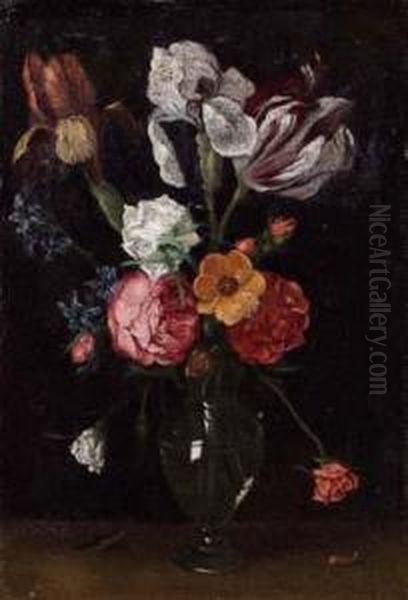 Vaso Di Vetro Con Tulipani, Orchidea, Rose E Giacinto Oil Painting by Nicolas Van Veerendael