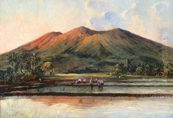 Landscape On Javawith Rice Fields And A Volcano In The Background Oil Painting by Henry Van Velthuysen