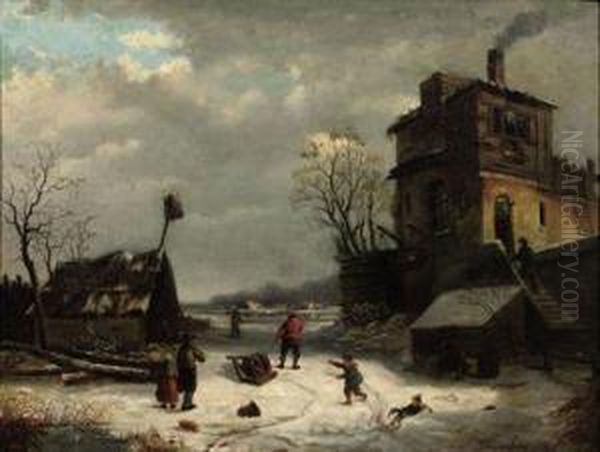 A Winter's Day Oil Painting by Johannes Petrus van Velzen