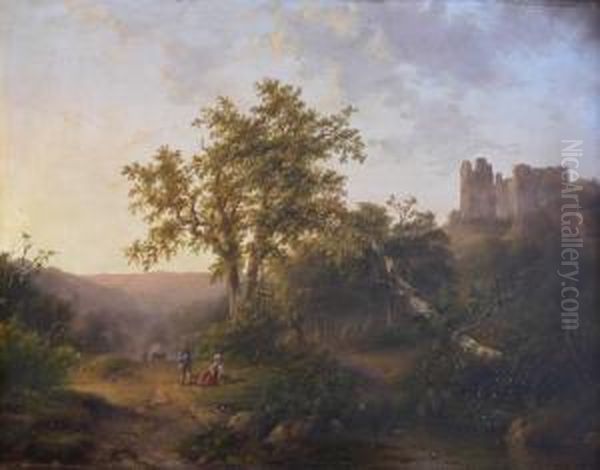 Wandelaars In Een Heuvelachtig Landschap Met Een Ruine. Oil Painting by Johannes Petrus van Velzen