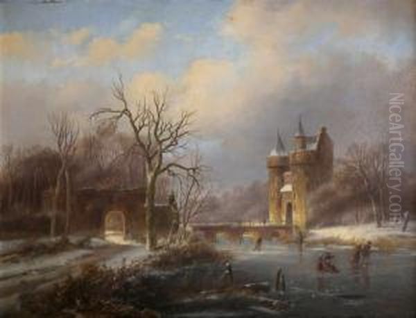 Winterlandschap - Paysage Hivernal. Oil Painting by Johannes Petrus van Velzen