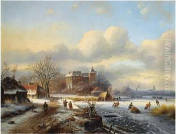 A Winter Landscape With Skaters On The Ice, A Town In Thedistance Oil Painting by Johannes Petrus van Velzen