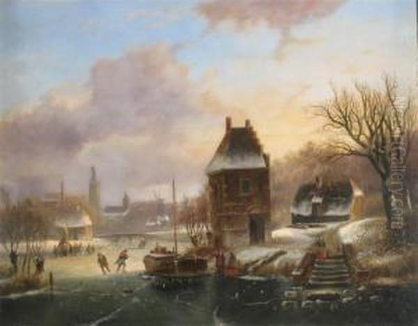 Winter Landscape With Skaters On A River Oil Painting by Johannes Petrus van Velzen