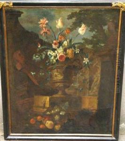 Large Flower Still Life In A Classical Architecturallandscape Oil Painting by Karel Van Vogelaer, Carlo Dei Fiori