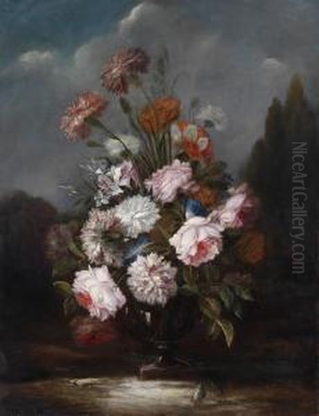 A Still Life With Flowers In A Broad Parklandscape Oil Painting by Karel Van Vogelaer, Carlo Dei Fiori