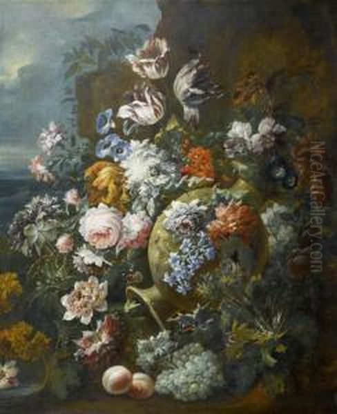 Still Life Of Flowers And Fruits With Terracotta Vase In A Rocky Landscape. Oil Painting by Karel Van Vogelaer, Carlo Dei Fiori