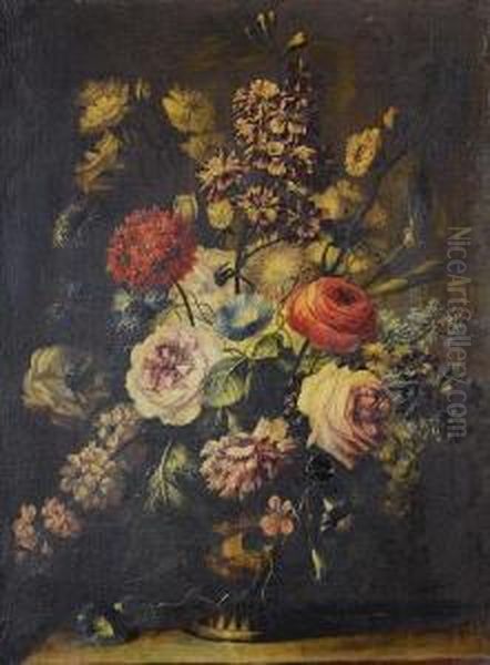 Roses, Jasmine, Convolvulus And Other Flowersin A Stone Urn On A Table Top Oil Painting by Karel Van Vogelaer, Carlo Dei Fiori