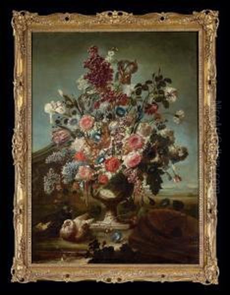 Tulips, Roses, Peonies, Irises And Other Flower Oil Painting by Karel Van Vogelaer, Carlo Dei Fiori