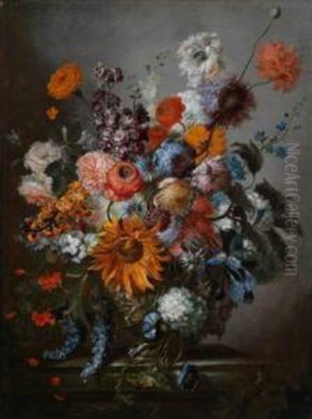 Ein Blumenstilllebenin Einer Skulptierten Vase Auf Einer Steinbrustung Oil Painting by Karel Van Vogelaer, Carlo Dei Fiori