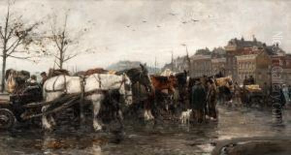 Workhorses With Carts At De Boompjes, Rotterdam Oil Painting by August Willem van Voorden