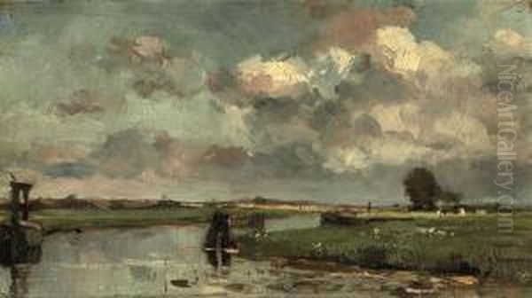 A Polder Landscape In Summer Oil Painting by August Willem van Voorden