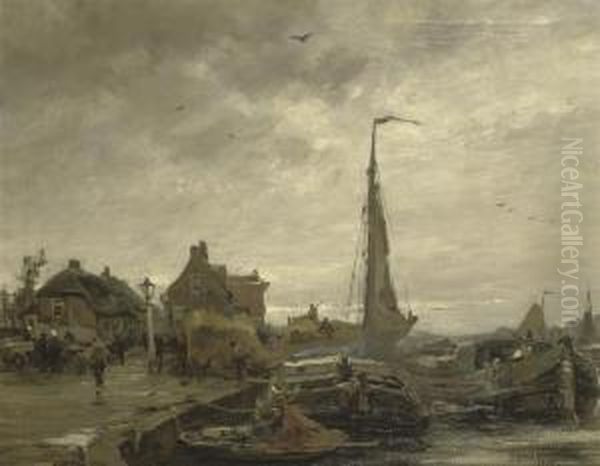 Moored Tjalks In A Harbour Oil Painting by August Willem van Voorden