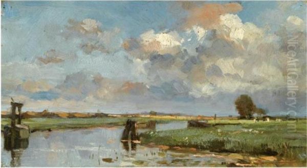 A Summer Polder Landscape Oil Painting by August Willem van Voorden