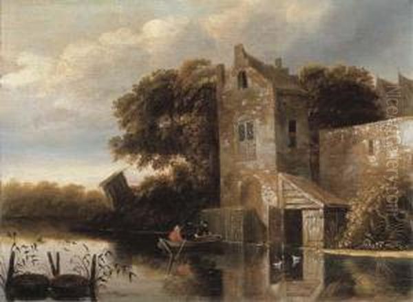 A River Landscape With Fishermen In A Rowing Boat, A Farmhousenearby Oil Painting by Michiel van Vries