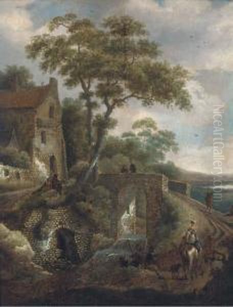 A Wooded River Landscape With Travellers By A Bridge Oil Painting by Michiel van Vries