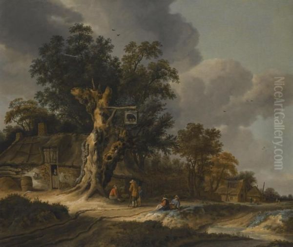 Landscape With Figures Outside A Wayside Inn Oil Painting by Roelof van Vries