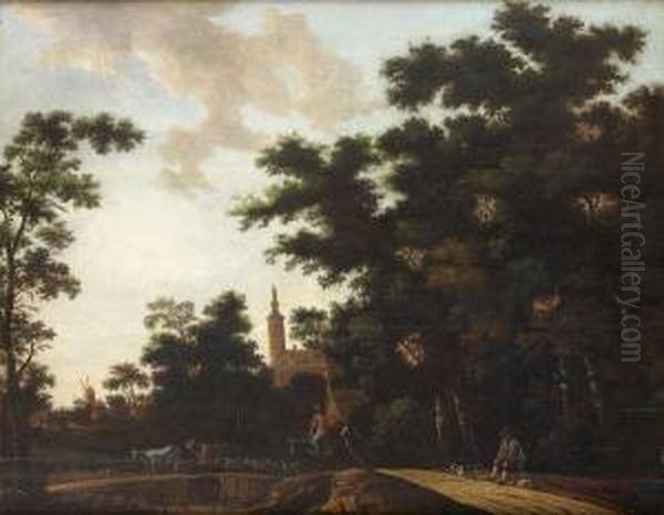 Promeneur Et Bergers Sur Un Chemin Dans Une Foret Oil Painting by Roelof van Vries