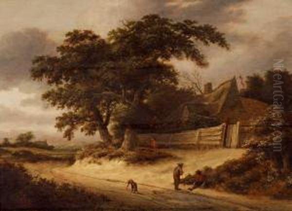 Dunenlandschaft Mit Figuren Und Bauernhaus Oil Painting by Roelof van Vries