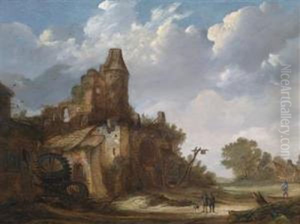 Travellers In A Landscape With Castle Ruins And A Watermill Oil Painting by Roelof van Vries