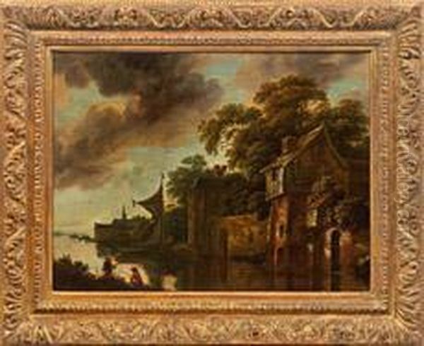 Flusslandschaft Imabendlicht Oil Painting by Roelof van Vries