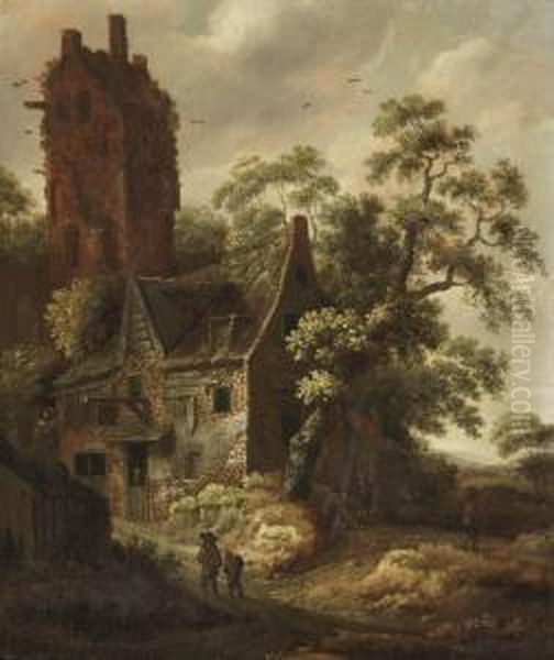 Figures Travelling On A Path Near A Cottage, A Ruined Towerbeyond Oil Painting by Roelof van Vries