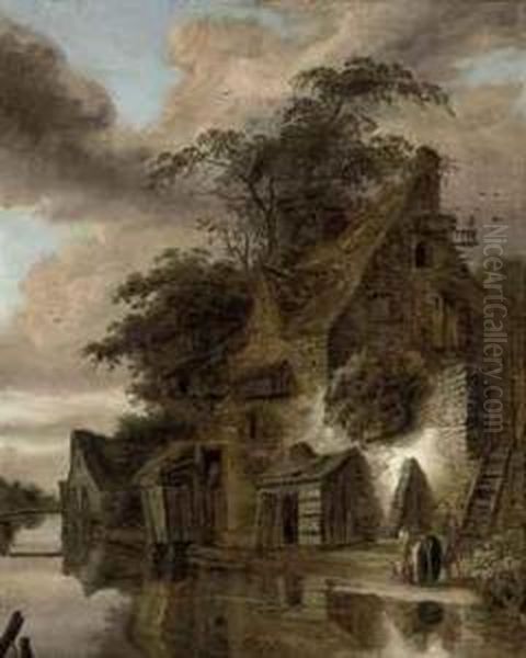 A Cottage By A River Oil Painting by Roelof van Vries